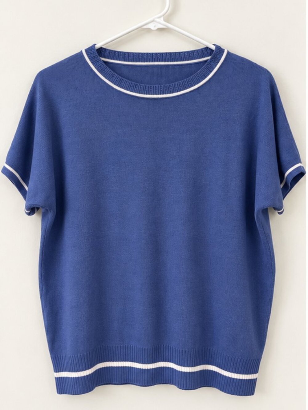 SHEWIN Blue White Contrast Trim Short Sleeve Knit Sweater Top Size M